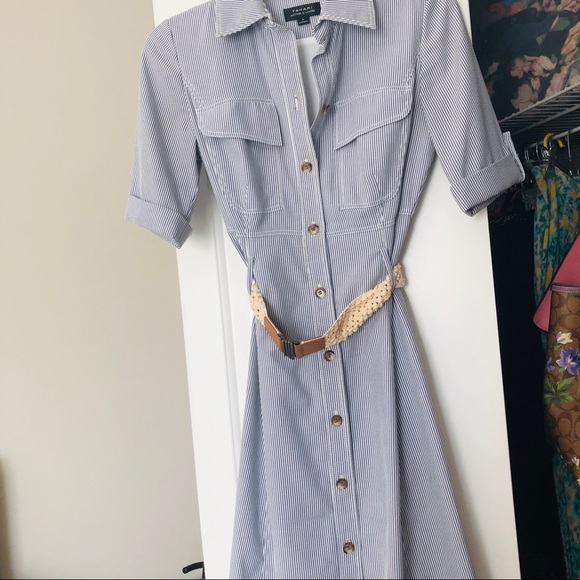 Tahari Midi Collared Shirt Dress Blue Pinstripes - Picture 4 of 8